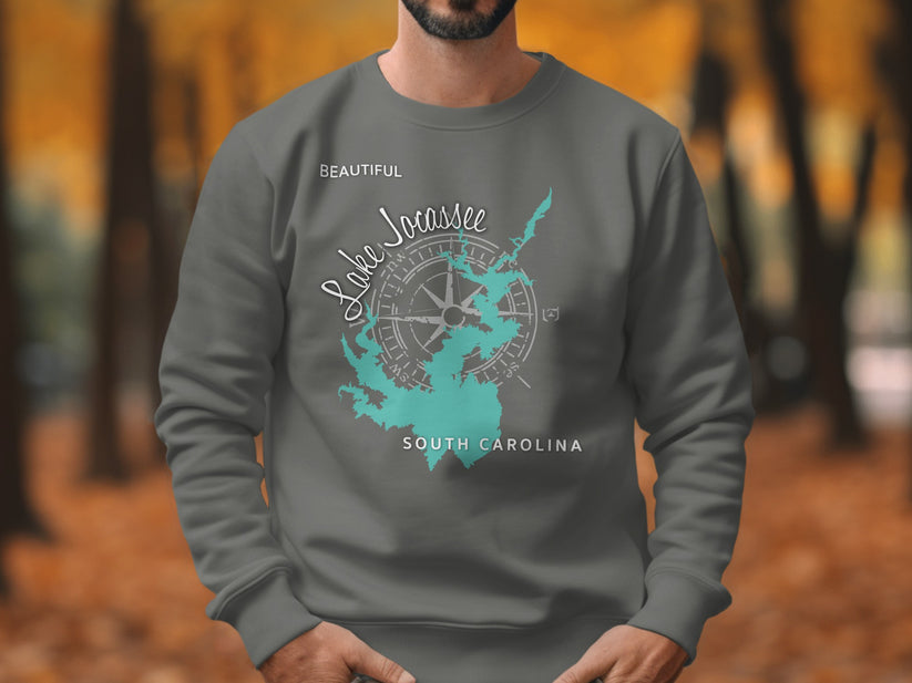 Gray sweatshirt with "Lake Jocassee South Carolina" and compass rose design.