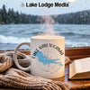 White mug with Lake Kabetogama, Minnesota map and compass design.