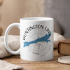 White mug with Huntington Lake California map design and compass graphic.