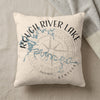 Off-white throw pillow printed with a blue map of Rough River Lake, Kentucky, and a faded compass rose.