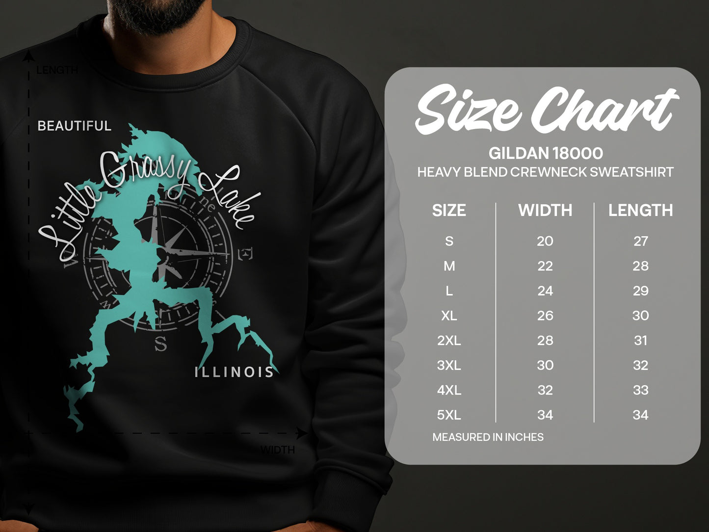 Crewneck sweatshirt with Little Grassy Lake Illinois map design and size chart.