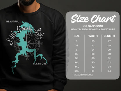 Crewneck sweatshirt with Little Grassy Lake Illinois map design and size chart.