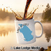 White mug with Lake George, Florida map graphic, coffee pouring in.