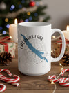 White mug with blue map of Lake Casman, Washington and compass design.