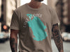 Brown t-shirt with teal Lake George shape and compass graphic.
