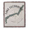 Lake Ullswater map design on a woven blanket with fringed edges and compass graphic.
