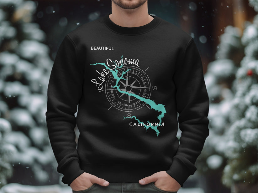 Black sweatshirt with "Beautiful Lake Sonoma California" and compass graphic.