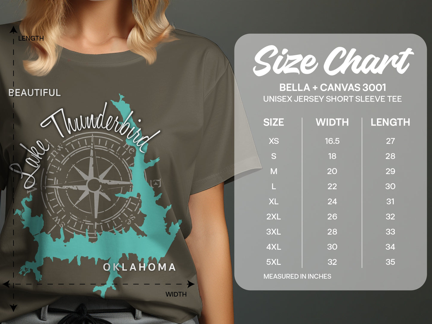 Lake Thunderbird Oklahoma map with compass rose, and Bella + Canvas 3001 size chart.