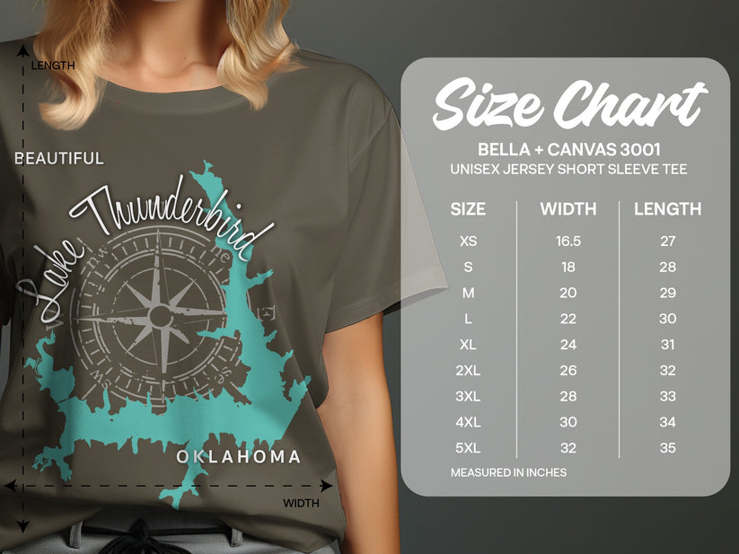 Lake Thunderbird Oklahoma map with compass rose, and Bella + Canvas 3001 size chart.