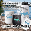 White mug, black tumbler, and white bottle with "Rangeley Lake" map designs.