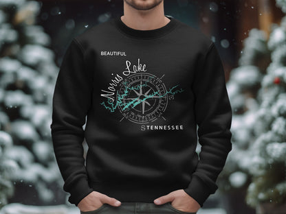 Black crewneck sweatshirt with "Beautiful Norris Lake Tennessee" and compass graphic.
