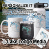 White mug, black tumbler, and white water bottle with Center Hill Lake map designs.
