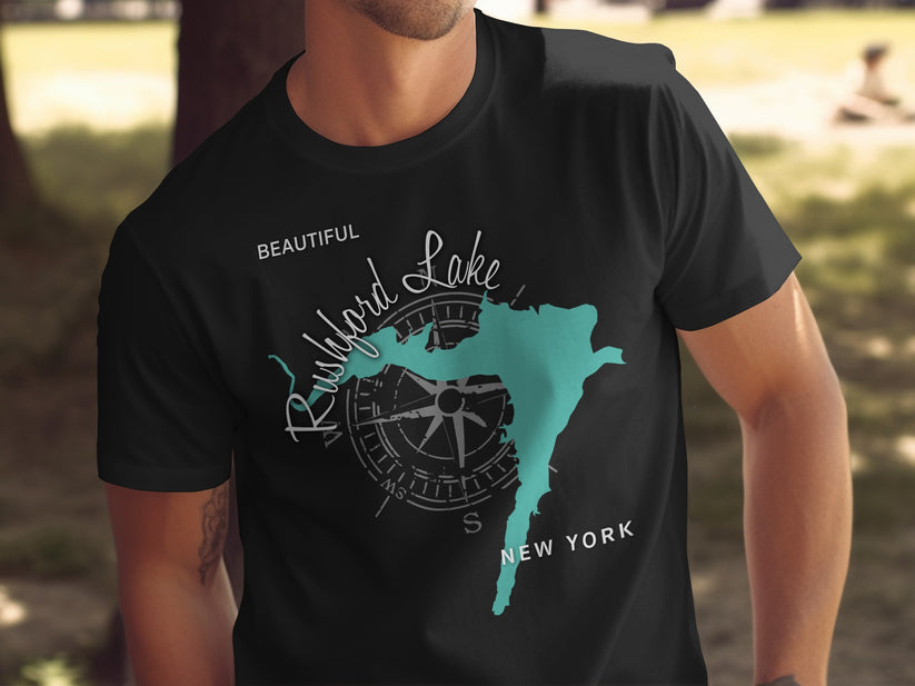 Black t-shirt with Rushford Lake map and compass graphic, "New York" text.