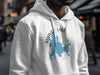 White hoodie with Shaver Lake, California map and compass design.