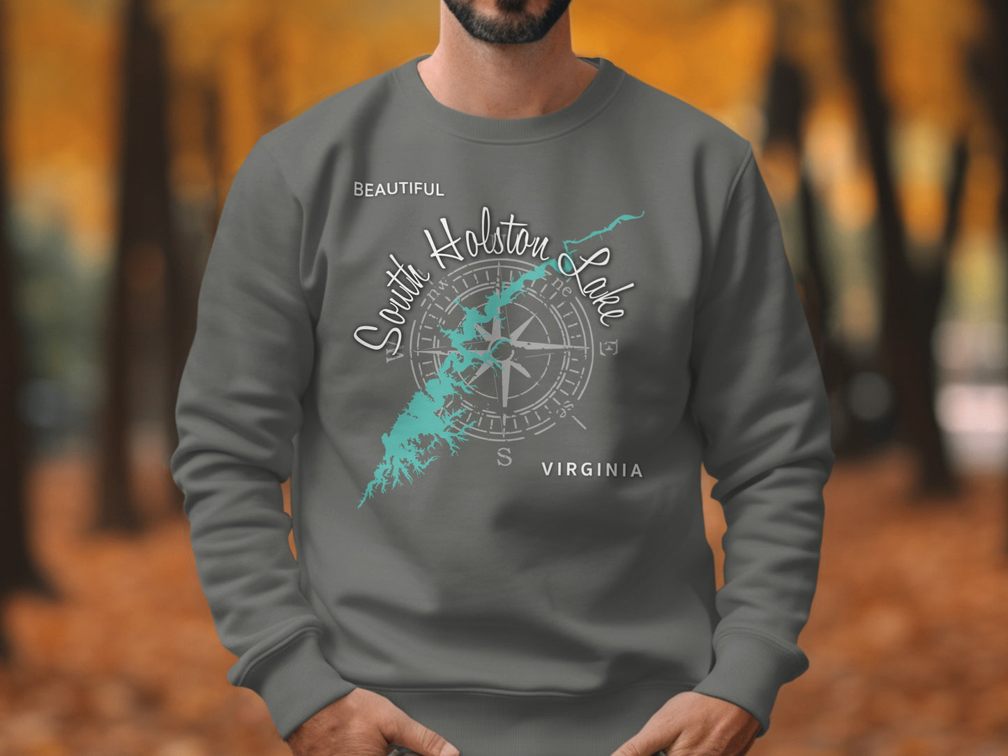 Grey sweatshirt with "Beautiful South Holston Lake Virginia" and compass design.