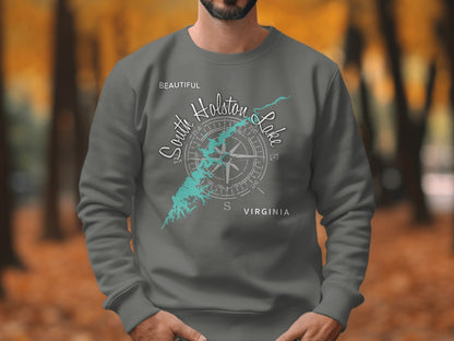 Grey sweatshirt with "Beautiful South Holston Lake Virginia" and compass design.