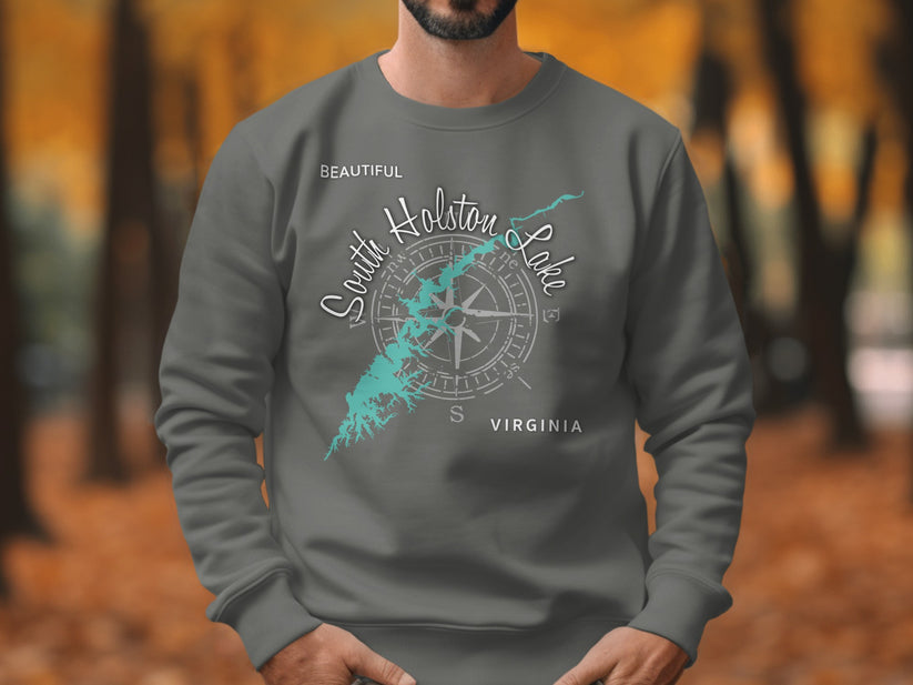 Grey sweatshirt with "Beautiful South Holston Lake Virginia" and compass design.