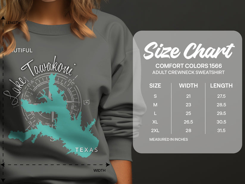 Comfort Colors sweatshirt size chart with measurements for adult crewneck sweatshirts.