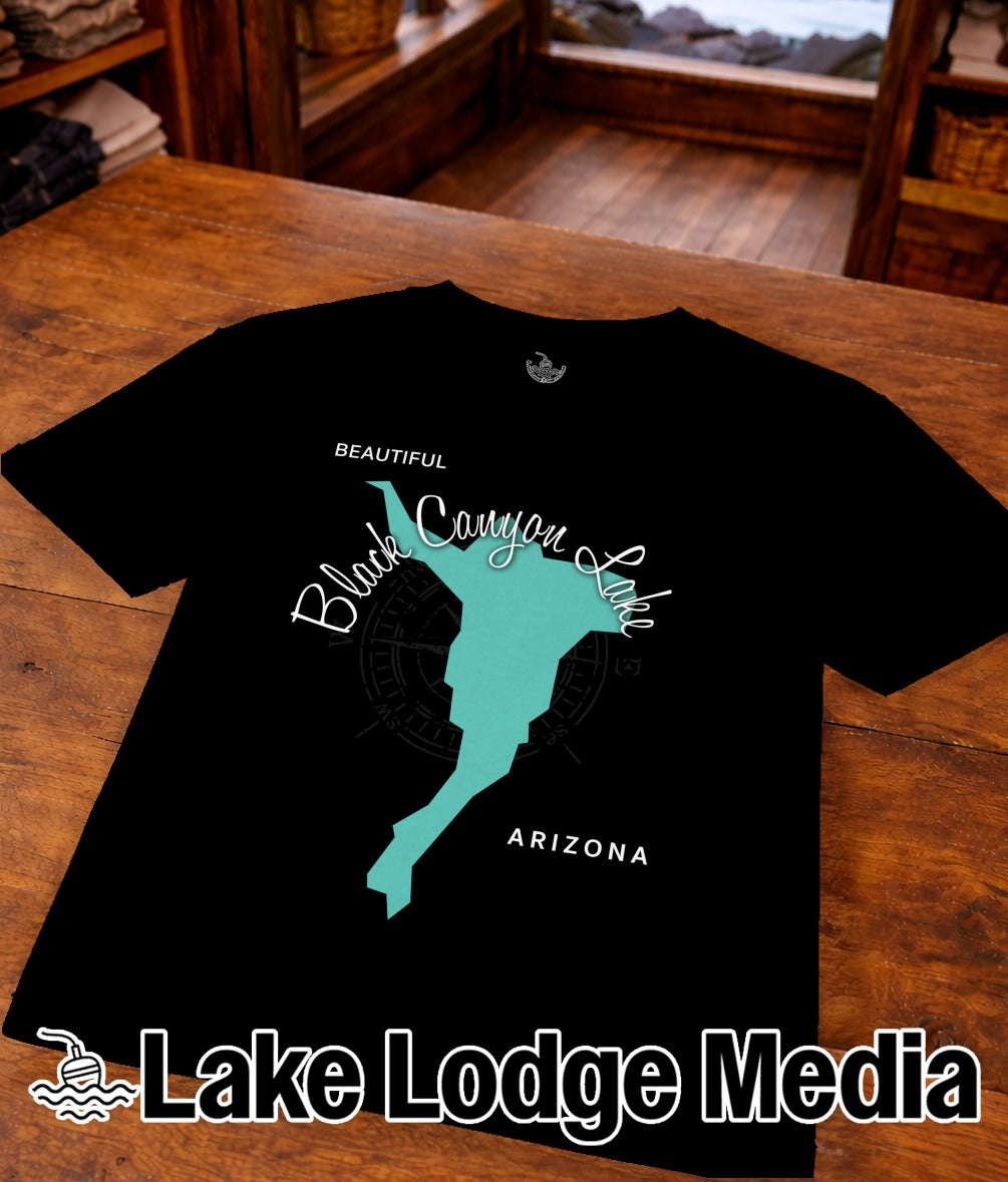 Black Canyon Lake Arizona map and compass graphic on black t-shirt.