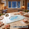 Glass cutting board featuring a blue Lake Minnetonka map design on a festive kitchen counter.