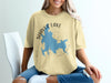 Yellow t-shirt with blue Shaver Lake California map design and compass rose.