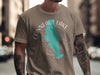 T-shirt featuring a teal map outline of Conneaut Lake, Pennsylvania, within a compass design.