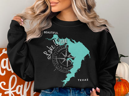 Black sweatshirt with turquoise map graphic of Lake Waco, Texas.