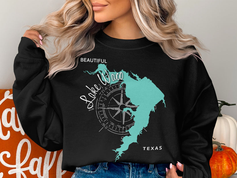 Black sweatshirt with turquoise map graphic of Lake Waco, Texas.
