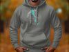 Grey hoodie with Lizard Lake Minnesota map and compass graphic.