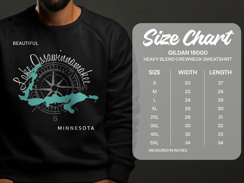 Sweatshirt with "Lake Ossawinamakee Minnesota" map design and Gildan size chart.