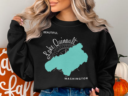 Black sweatshirt with teal outline of Lake Quinault and "Beautiful Lake Quinault Washington" text.