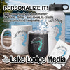Lake Houston branded mug, tumbler, water bottle, and card on wooden surface.
