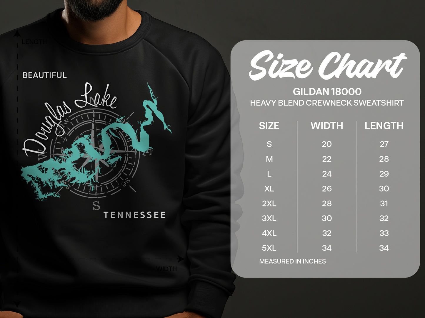 Douglas Lake Tennessee graphic on a sweatshirt with size chart.