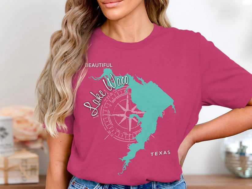 Pink t-shirt with "Beautiful Lake Waco Texas" and compass graphic.