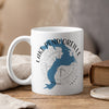 White mug with Lake Pend Oreille, Idaho map and compass design.