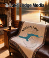Woven blanket featuring Mason Lake, Washington map with compass and "Lake Lodge Media" text.