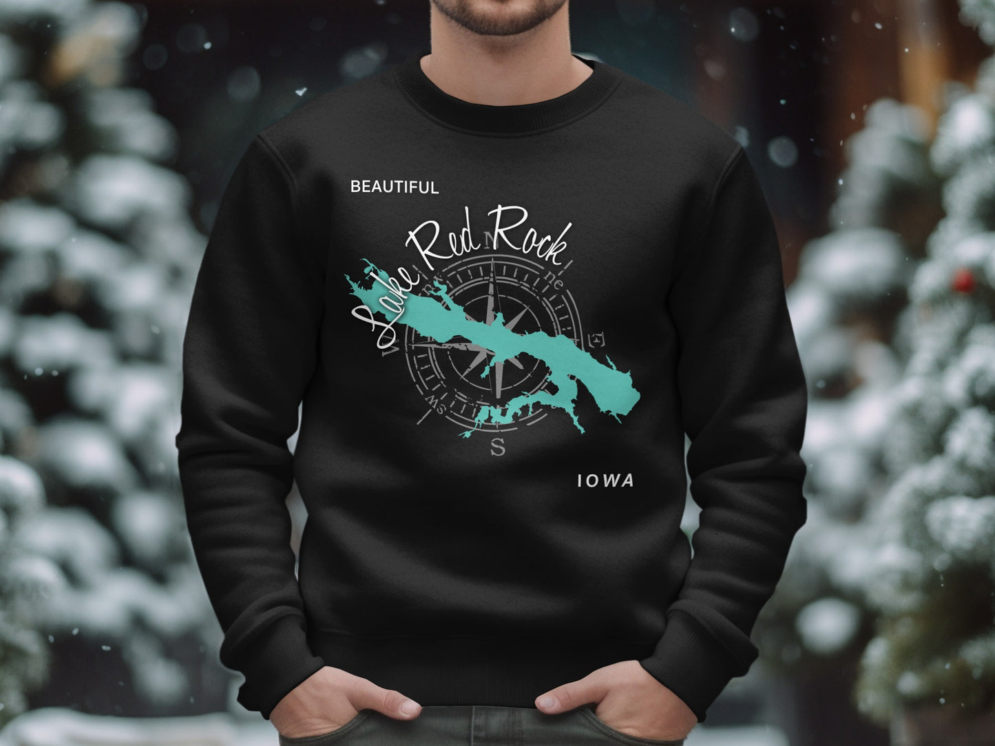 Black sweatshirt with Red Rock Lake map and compass graphic, "IOWA".