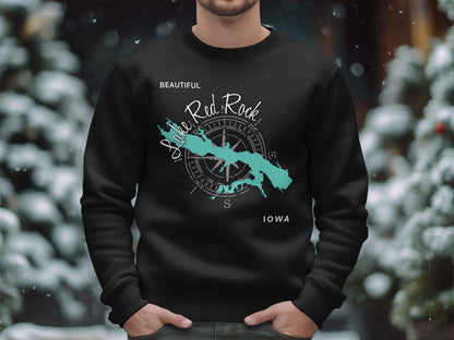 Black sweatshirt with Red Rock Lake map and compass graphic, "IOWA".