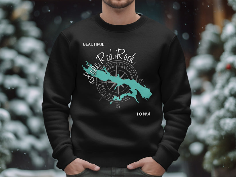 Black sweatshirt with Red Rock Lake map and compass graphic, "IOWA".