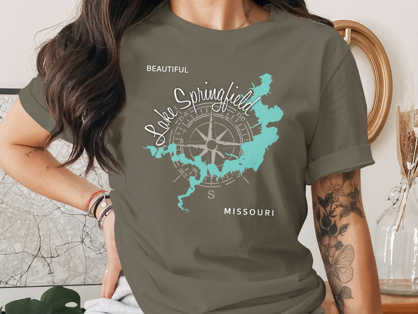Olive t-shirt with compass and Springfield, Missouri map graphic.