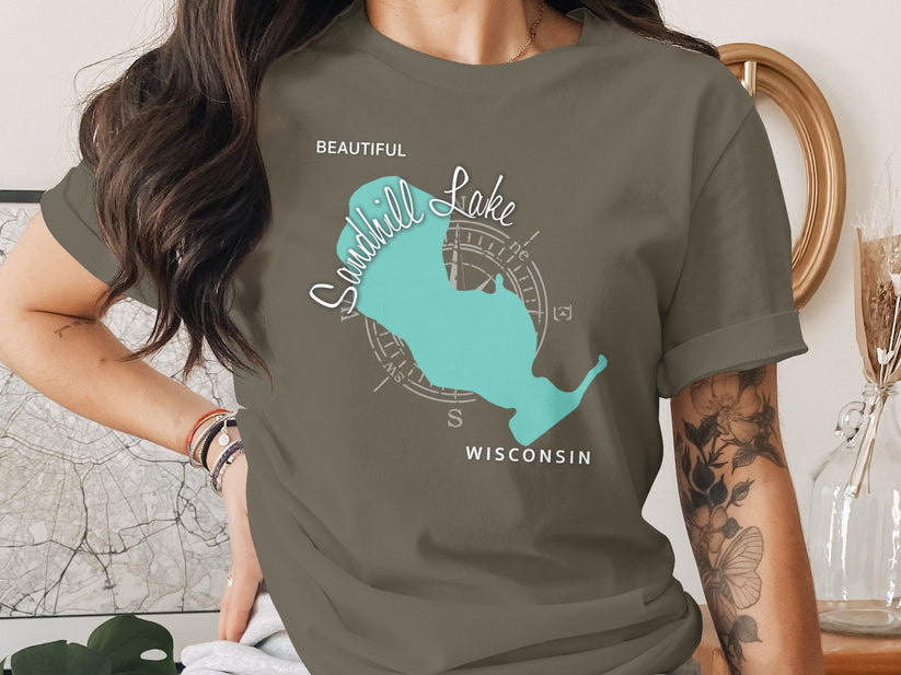 T-shirt with Sandhill Lake Wisconsin map and compass graphic.
