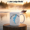 White mug with "Long Pond Lake New Hampshire" design and a compass rose.