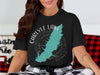 Black t-shirt with turquoise Carlyle Lake map and compass design, Illinois.