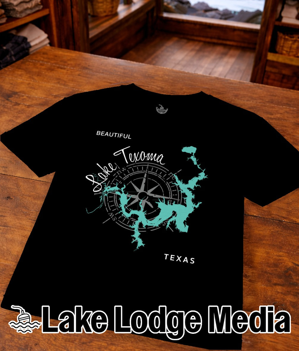 Black t-shirt featuring a teal compass and "Beautiful Lake Texoma, Texas" design.