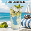 Glass with Lake Pleasant map, limes, mint, and "Lake Lodge Media" logo.