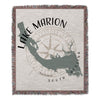 Lake Marion South Carolina map on woven throw with compass design and fringe.