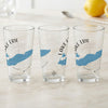 Three clear glasses with "Lake Erie" and map outlines of the lake.