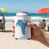White can koozie with blue Lake Stevens map graphic and compass.