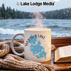 White mug with "Webster Lake Massachusetts" and map graphic, steaming.