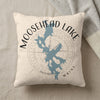 White pillow with blue Moosehead Lake map graphic and "MOOSEHEAD LAKE MAINE" text.